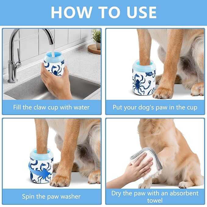 Dog Paw Cleaner Cups for Dogs Pets Foot Washer Paw Scrubber for Medium Small Dogs Cats Cleaning Cup Octopuses Crabs and Seashells Blue