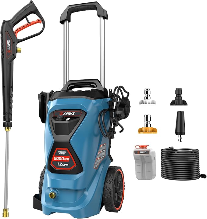 2000 PSI Electric Pressure Washer - 13 Amp, 1.2 GPM, Compact Design with 4 Quick-Connect Nozzles & Spray Gun - Includes 25 ft Hose and 35 ft Power Cord - Ideal for Cleaning Cars, Driveways, Patios