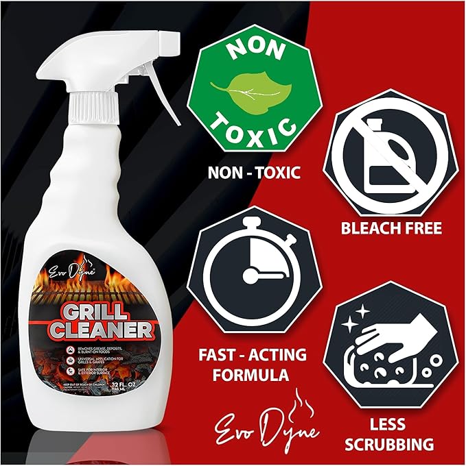 Evo Dyne Grill Cleaner Spray (32 oz), Made in USA - Quickly Cleans BBQ Burnt-on Foods and Grease from Grill Grates - Heavy Duty, Fast-Acting Formula, Less Scrubbing - Food Safe Grill & Oven Degreaser