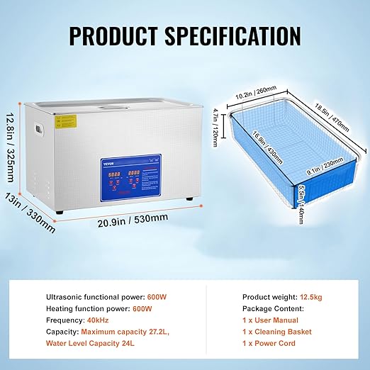 VEVOR 30L Ultrasonic Cleaning Machine, 40kHz Stainless Steel Jewelry Cleaner with Digital Timer & Heater -Iedal for Wrenches, Screwdrivers, Industrial Parts Cleaning, FCC/CE/RoHS Certified
