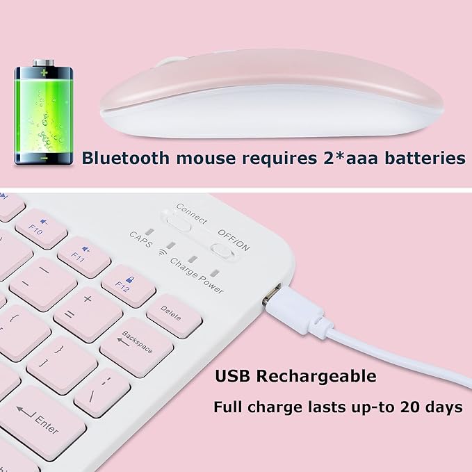 Bluetooth Wireless Keyboard and Mouse Combo,Ultra-Slim Ergonomic Small Rechargeable Bluetooth Keyboard Mouse Set for Apple iPad iPhone Samsung Tablet Phone Android PC Computer Mac Smartphone(Pink)