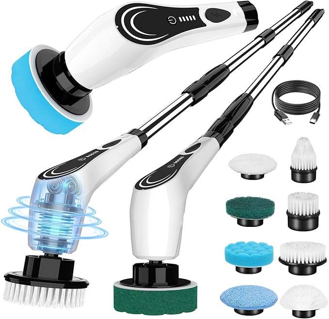 Electric Spin Scrubber, Cordless Power Scrubber with 8 Replaceable Floor Machine Pads, 2-Speed Adjustable Handle Shower Scrubber, IPX7 Waterproof for Bathroom, Tile, Tub, Teens, White-qe1