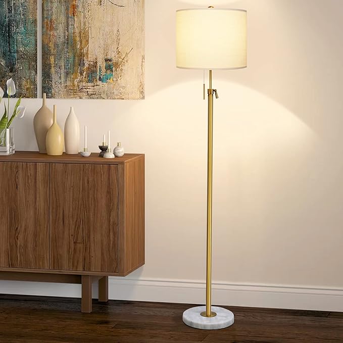 【Upgrade】Gold Floor Lamps for Living Room, 55"-67" Height Adjustable Modern Standing Lamp with Marble Base, Pull Chain Switch, 3-Way Dimmable Tall Pole Lamp for Bedroom Office Reading, Bulb Included