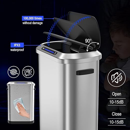 pouseayar 13 Gallon Stainless-Steel Smart Automatic Trash Can with Super Mute Sensor Lid, Silver, 30 Count Garbage Bags