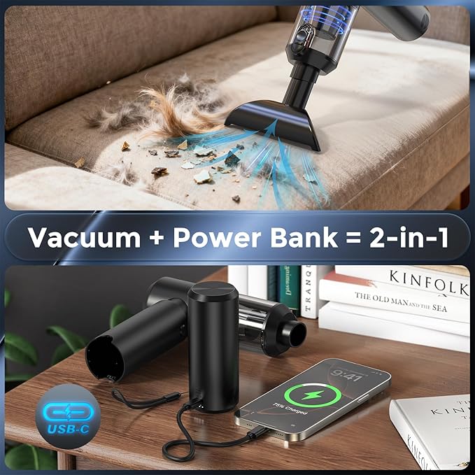 Cordless Handheld Vacuum with 6000mAh Power Bank & LED Light – 3-in-1 Car Vacuum, Air Blower & Phone Charger, 20,000Pa Strong Suction, 1lb Mini Vacuum for Car, Home, Pet Hair & Travel