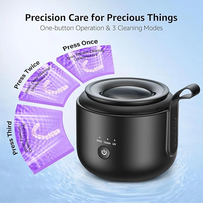 Ultrasonic Cleaner, 48kHz Rechargeable Cordless Jewelry Denture Cleaner Machine, 200ML Cleaning Pod for Jewelry, Rings, Glasses, Mouth Guard, Waterproof UV Cleaner with Digital Timer