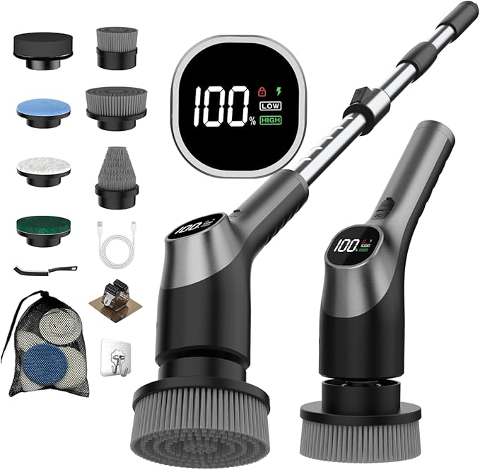 WKY-Electric Spin Scrubber - Upgraded 12-in-1 IPX7 Waterproof Shower Scrubber, Retractable Handle & 2-Speed for Toilet, Bathroom, Bathtub, Tile Floors Black