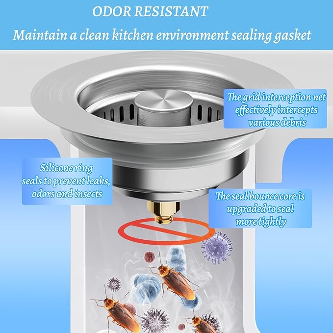2 Pcs 3 in 1 Kitchen Sink Drain Strainer,Universal Stainless Steel Kitchen Sink Stopper, Pop Up Anti-Clogging for 3-1/2 Inch US Standard Sink Drain Strainer
