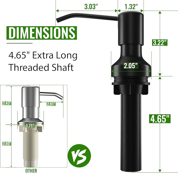 Soap Dispenser for Kitchen Sink, Kitchen Sink Soap Dispenser with 17 OZ Bottle, Refill from The Top Bar, Longer Threaded Shaft Shank, Wide Pump Head Base (Black)