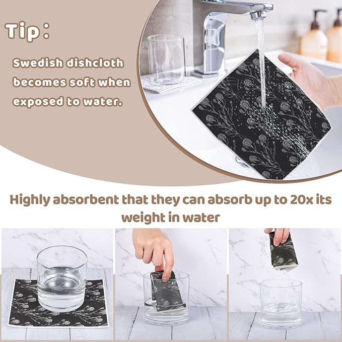 Needbrock 6 Pack Swedish Dishcloths for Kitchen,Swedish Rags Dish Towels with Clips, Reusable Paper Towels Washable Absorbent Cellulose Sponge Cloths No Odor for Cleaning Home Kitchen