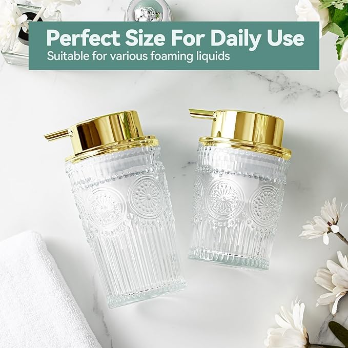 Glass Foaming Soap Dispenser - Foaming Hand Soap Dispenser for Bathroom & Kitchen, 10 OZ Transparent Foam Hand Wash Dispenser, Refillable Dish Dispenser Golden Pump