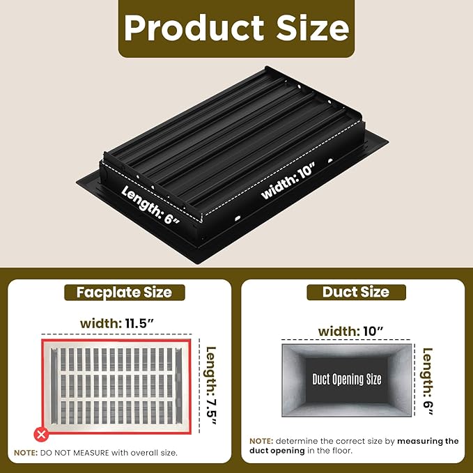 Empire Register Co, Vent Cover - 6x10 inch, Modern Contemporary Design, Textured Black Finish, Heavy Duty Floor Vent Covers, Metal Damper Attached Vent Covers for Home Floor only