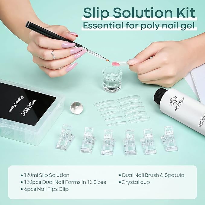 Modelones Slip Solution for Poly Gel, Anti-Stick Gel Nail Extension Complete Kit with Nail Forms Tips Clips Art Tool DIY at Home