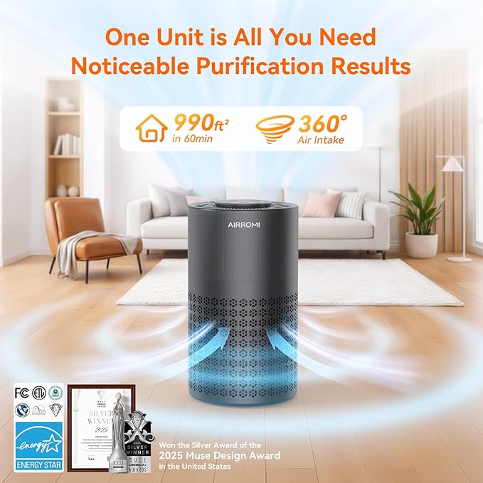AIRROMI Air Purifier for Bedroom with HEPA 3-in-1 Filter, Pet Air Purifier for Home Cat Pee Smell, Covers Upto 990 Ft², Quiet 360°intake Air Cleaner for pet hair,allergies,Dust,Smoke A2001 Black
