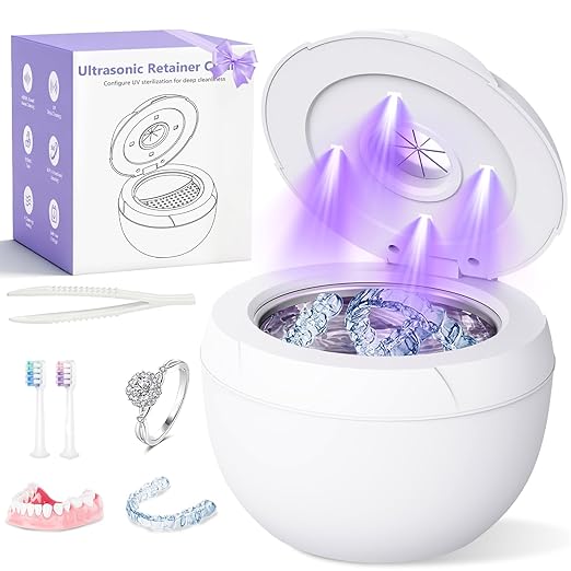 Dental Ultrasonic Retainer Cleaner Machine - 45kHz Cleaning Pod for Dentures, Mouth Guard, Aligner, Night Guard, Toothbrush Heads & Jewelry, 4 Cleaning Modes, Digital Timer, 200ML Capacity, White