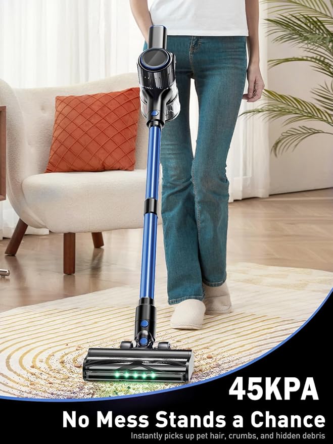 Cordless Vacuum Cleaner, 45000Pa/450W/50Mins Vacuum Cleaners for Home, 8-in-1 Stick Vacuum with LED Screen, Anti-Tangle, Lightweight Rechargeable Vacuum for Carpet Pet Hair Hardwood Floor Blue