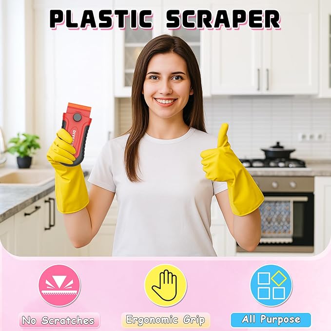 DIYSELF 2 Pcs Plastic Razor Blade Scraper with 10 Pcs Blades, Plastic Scraper Tool for Adhesive Remover, Scrapers for Cleaning Stickers, Decals, Glass, Windows, Car, No Scratches (Red)