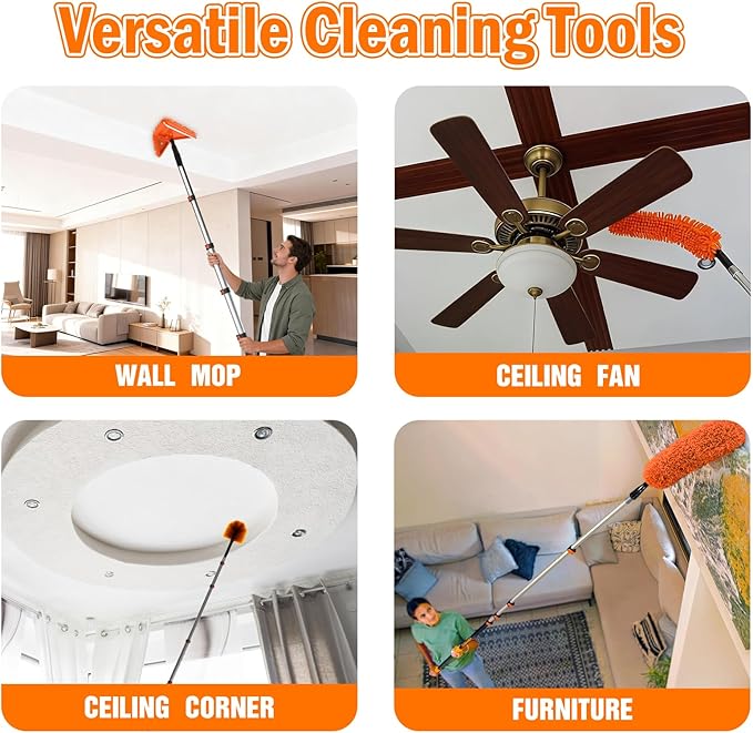 20FT Reach Dusters for Cleaning, Ceiling Fan Cleaner Duster with Extension Pole, Wall and Baseboard Cleaner Mop with Handle for Window Cobweb Fan Blade and High Ceiling