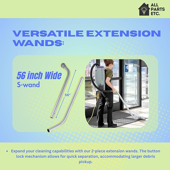1.5 or 1 1/2 inch Backpack Vacuum Accessories Cleaning Kit - Includes 2-Piece Aluminum S-Wand & 14" Wide Replacement Floor Brush - Compatible with Pro-Team, Powr-flite, and more