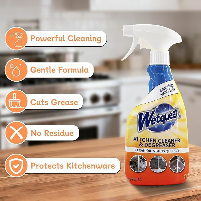 WETQUEEN All Purpose Cleaner Spray, Heavy Duty Kitchen Degreaser Foam & Stubborn Stain Remover for Kitchen, Household, Oven, Stove, Range Hood, Tiles, Dual-Spray Nozzle, Lemon Scent, 16.91 Fl Oz