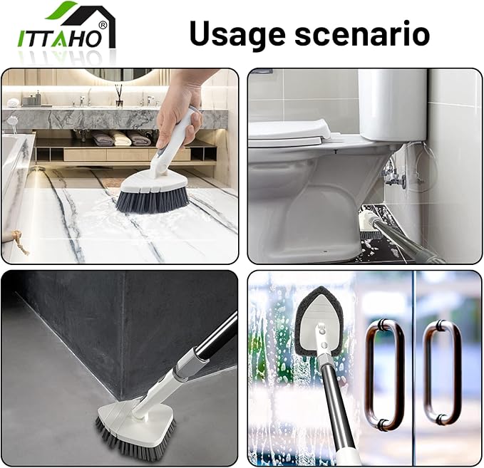 ITTAHO Tile Tub Scrubber Brush with 4 Cleaning Heads,59" Long Handle Stiff Bristles Scrub Brush with Extendable Pole, Rotatable Detachable Scrub Brush for Shower,Tile, Tub,Bathroom,Walls,Sink