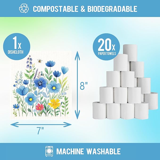 Morigins 12 Pack Swedish Dishcloths with 2 Push Towel Hooks - Reusable Dish Cloths for Washing Dishes, Napkins Cleaning Cloth Washable - Flower Set