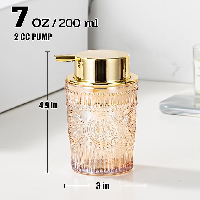 Gold Foaming Soap Dispenser - 7 Oz Amber Glass Foaming Hand Soap Dispenser for Bathroom & Kitchen, Hand Wash Dispenser with Golden Foam Pump, Refillable Dish Soap Foam Dispenser