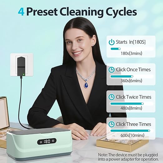 Ultrasonic Jewelry Cleaner: 48Khz Ring Cleaner Ultrasonic Machine with Digital Timer, 4 Cleaning Modes, 24W Sonic Cleaner for Jewelry, Glasses, Retainer, Watch Strap, Home & Travel Use, 13.5oz
