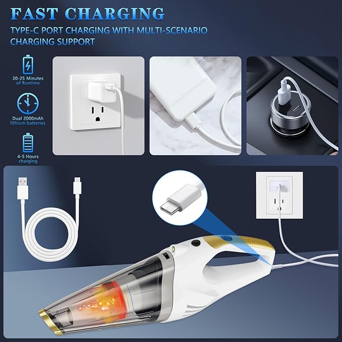 Handheld Vacuum Cordless,Car Vacuum Portable Cordless Rechargeable Hand Vacuum with LED Light, 6kpa Powerful Suction with Three Types of Suction Heads and Filters for Cat/Home/Office Cleaning