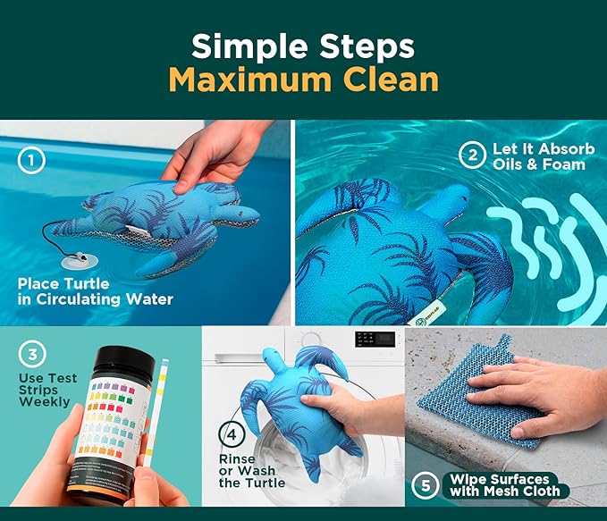 Hot Tub Scum Absorber Turtle ScumGuard Mesh - 2-Pack Oil & Scum Absorber for Spa, Hot Tub & Pool - Keeps Water Clear - Includes 100 x Hot Tub Test Strips & 2 Washable Turtle Absorbers