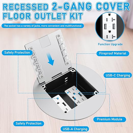 1 Pcs Recessed Floor Outlet 4. 72" x 4. 72" x 3. 94" 2-Gang with 4. 8a USB Chargers 20 Amp Floor Receptacles Round Hidden Outlet Kit Electrical Waterproof Box, Etl Listed (Silver)