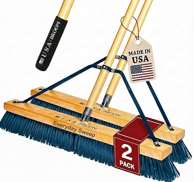 2-Pack - 24" Everyday Sweep Indoor/Outdoor Push Broom with 60" Handle. Ideal for Garages & Shops. Durable American Made Steel Brackets-All Stainless Steel Hardware. No Plastic. 100% USA Made