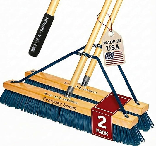 2-Pack - 24" Everyday Sweep Indoor/Outdoor Push Broom with 60" Handle. Ideal for Garages & Shops. Durable American Made Steel Brackets-All Stainless Steel Hardware. No Plastic. 100% USA Made