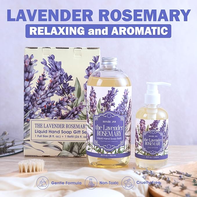 ROMIIE ZOI Liquid Hand Soap Gift Set, 750ml Refill+236ml Liquid Soap, Cruelty-Free, Moisturizing Formula with Essential Oils, For Sensitive Skin, Lavender Rosemary Scent, For Kitchen & Bathroom