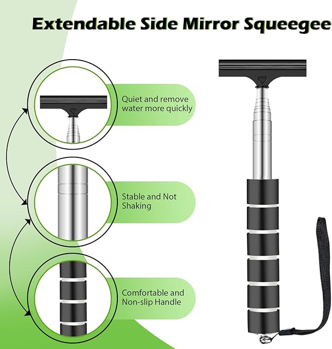 7PCS Windshield Cleaner Tool, Car Windshield Cleaner Tool+Side Mirror Squeegee +3 Microfiber Pads+100ml Spray Bottle+1 Detailing Brush,12-19inches Extendable Handle,180° Rotation