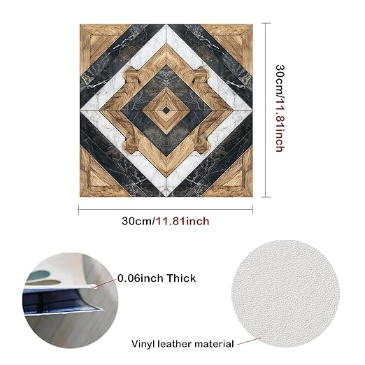 Nuxovilar Peel and Stick Vinyl Floor Tiles, 12x12 Inch Geometric Wood & Marble Mosaic Pattern, Self-Adhesive Flooring (10 Pcs)