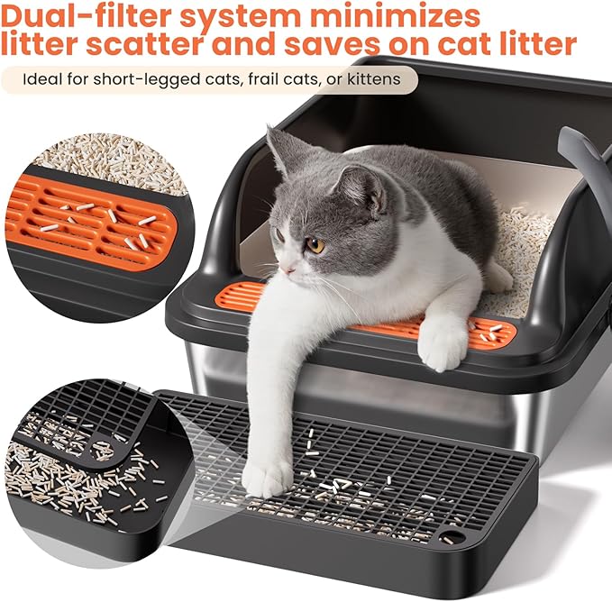 Stainless Steel Cat Litter Box, Metal Kitty Litter Box Includes Litter Mat & Scoop, Easy Cleaning Anti-Scratch Kitty Cat Box Anti-Urine Leakage, Non-Sticky, Perfect for Small Cats, Black