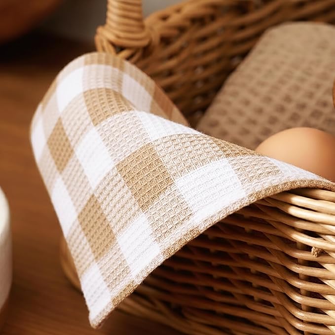 PurpleEssences Waffle Weave Plaid Dish Cloths, 100% Cotton, 12x12 Inch, Soft Absorbent Quick Drying Buffalo Check Dish Rags for Kitchen, 8 Pack, Christmas Holiday Winter - Beige & White