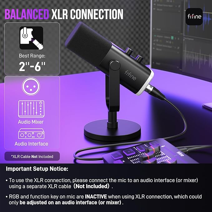 FIFINE USB/XLR Dynamic Microphone for Podcast Recording, PC Computer Gaming Streaming Mic with RGB Light, Mute Button, Headphones Jack, Desktop Stand, Vocal Mic for Singing YouTube-AmpliGame AM8