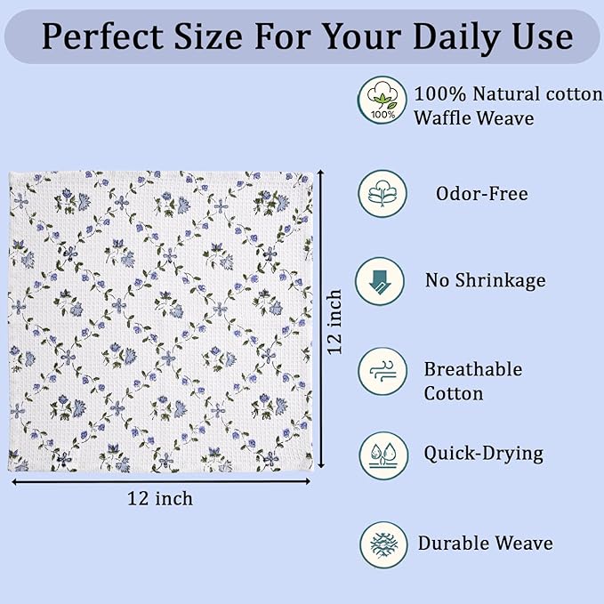 Ridhi Powder Blue Hand Block Print Cotton Waffle Dish Cloth Set of 6-12x12 Inch Super Absorbent, Soft, Reusable Kitchen Towels for Dish Drying Cleaning, Ideal for Spring, Easter, Valentine