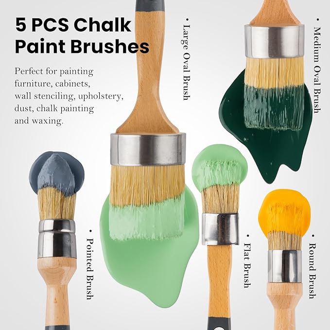 Chalk Paint Brush, Wax Paint Brush Set of 5, Wax Brushes and Chalk Paint for Furniture DIY Art Crafts, Natural Bristle Round Oval Brush for All Painting and Waxing