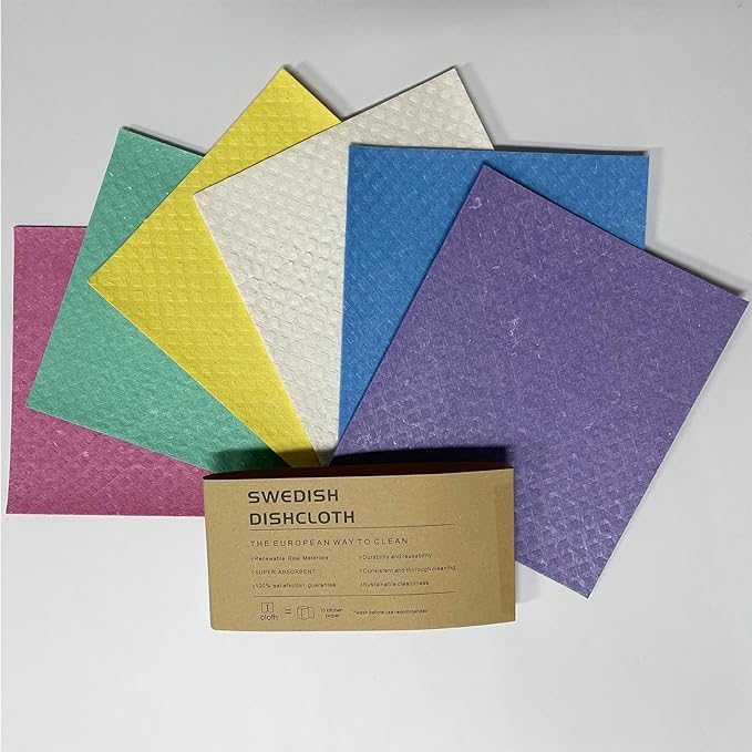 Swedish Dishcloths 6-Pack, Super Absorbent & Quick-Dry Reusable Dish Towels, Biodegradable Kitchen Sponge Cloths for Dishes, Countertops, Glass & Car