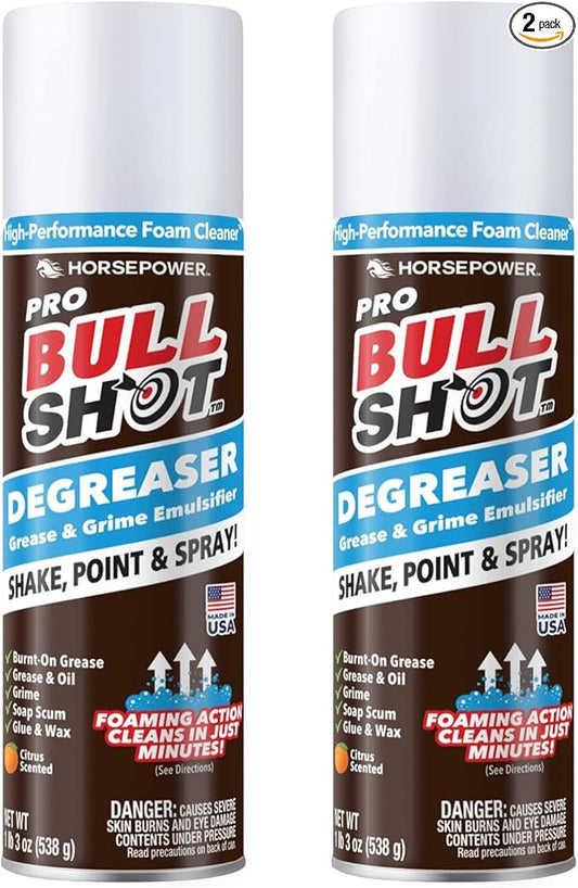 Bull Shot Degreaser Pro, Foaming Degreaser & Grime Remover, Professional Strength AS SEEN ON TV Residue-Free, Shake, Point & Spray, Emulsifies Grease, Oil, Glue, Residue & More - Made in USA - 2PK