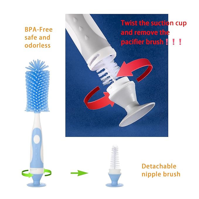 Chemimoso Multifunctional Cleaning Brush, Baby Bottle Brush, Water Bottle Brush Cleaner, Cup Brush, Rotate The Suction Cup to Obtain The Small Bristle Brushes Hidden in Handles, Set A, Grey