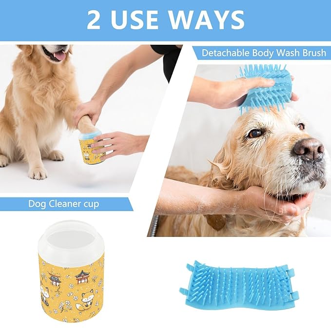 Dog Paw Cleaner Cups for Dogs Pet Foot Washer Paw Scrubber for Medium Small Large Dogs Cats Cleaning Cup Yellow Foxes Cherry Blossoms
