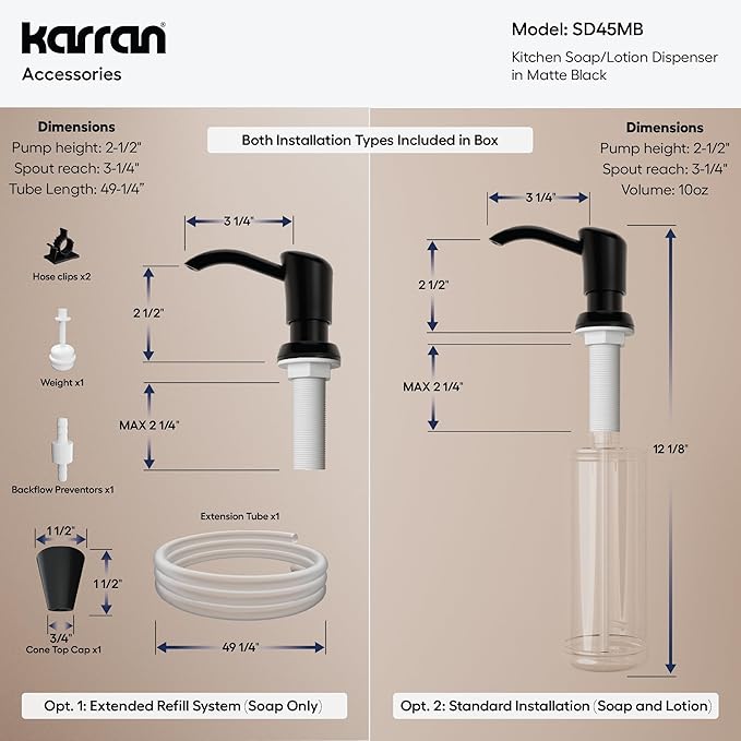 Karran SD45 Kitchen Soap Dispenser, Built-in Countertop Soap/Lotion Pump with 47" Extension Tube for Large Bottles, Dual Refill System, Commercial-Grade Durability Matte Black