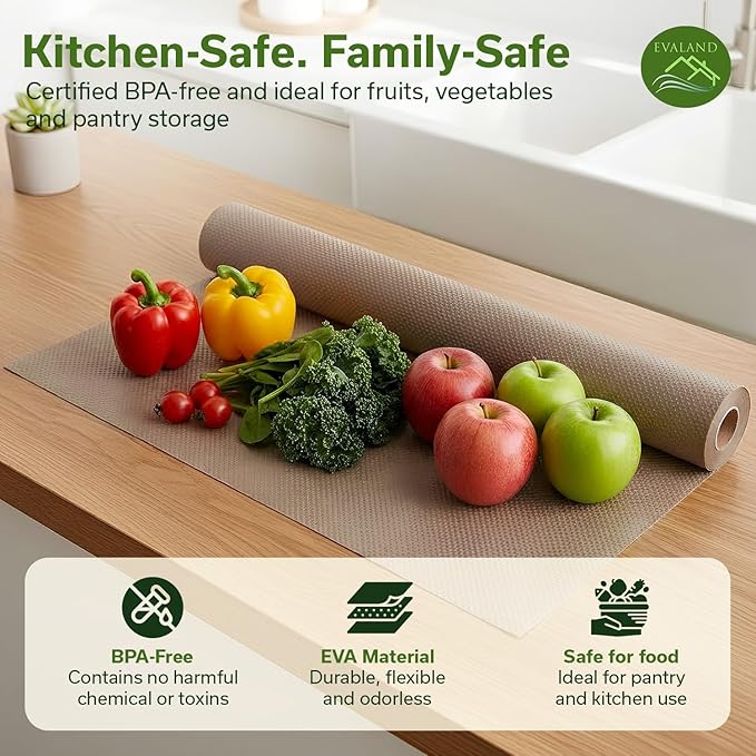 EVALAND Shelf Liners for Kitchen Cabinets Non-Adhesive 17.7" x 33 FT Beige Drawer Liner Non Slip, Washable Cabinet Liner, Waterproof Shelf Liners for Cabinets, Refrigerator Bathroom Pantry Cabinet Mat