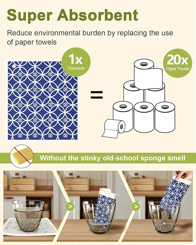 8 Pack Reusable Kitchen Swedish Dishcloths for Washing Dishes Cloths Absorbent Fast Drying Cleaning Sponge Cute Decorate Washable Swedish Towels, Blue Line