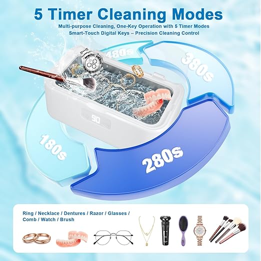 Ultrasonic Jewelry Cleaner, 27oz Large Capacity 49KHz Ultrasonic Cleaner Machine, Ultra-Quiet with 5 Cleaning Modes, Digital Timer, Stainless Steel Tank for Jewelry, Eyeglasses, Watches, Dentures