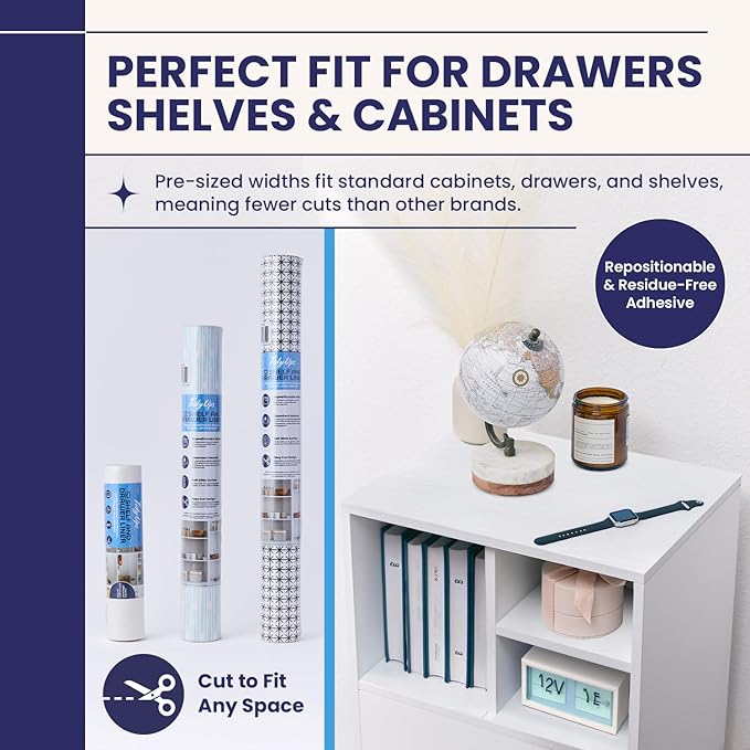 Self Adhesive Shelf Liner (2-Pack, 10.75in x 6ft) — Absorbent Felt Cabinet Liner for Shelves & Kitchen Drawers, Soft Glide Surface with Adjustable, Residue-Free Adhesive (Solid White)